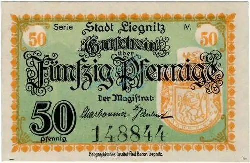 Liegnitz , Notgeld 50 Pfennig -Ser.IV- in unc-kfr. Ti.4080.30.15 , Schlesien o.D. Verkehrsausgabe