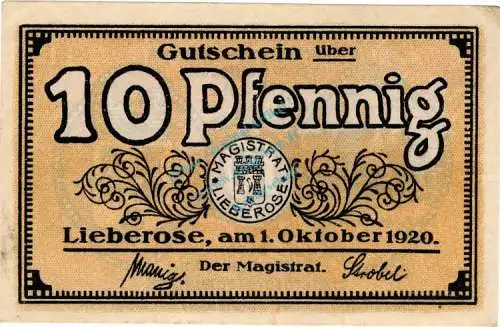 Lieberose , Notgeld 10 Pfennig Schein in unc-kfr. Ti.4065.05.10 , Brandenburg 1920 Verkehrsausgabe