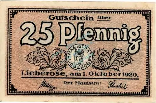 Lieberose , Notgeld 25 Pfennig Schein in unc-kfr. Ti.4065.05.11 , Brandenburg 1920 Verkehrsausgabe