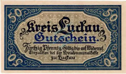 Luckau , Notgeld 50 Pfennig Schein in unc-kfr. Ti.4225.05.36 , Brandenburg 1917 Verkehrsausgabe