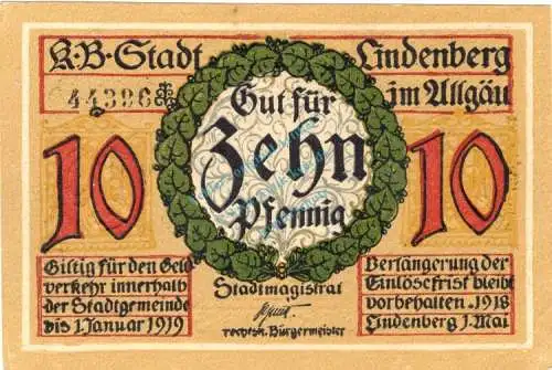 Lindenberg , Notgeld 10 Pfennig Schein unc-kfr. Ti.4115.05.15 , Bayern 1918 Verkehrsausgabe