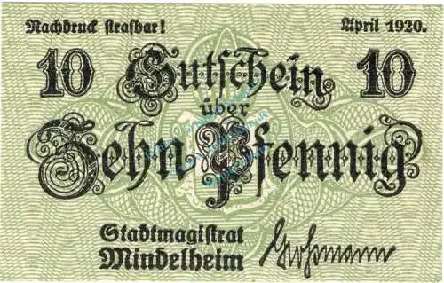 Mindelheim , Notgeld 10 Pfennig Schein in unc-kfr. Ti.4570.05.21 , Bayern 1920 Verkehrsausgabe