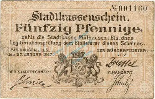 Mühlhausen , Notgeld 50 Pfennig Schein in gbr. Ti.4660.05.01 , Elsass 1917 Verkehrsausgabe