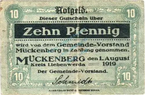 Mückenberg , Notgeld 10 Pfennig Schein in gbr. Ti.4640.05.01 , Brandenburg 1919 Verkehrsausgabe