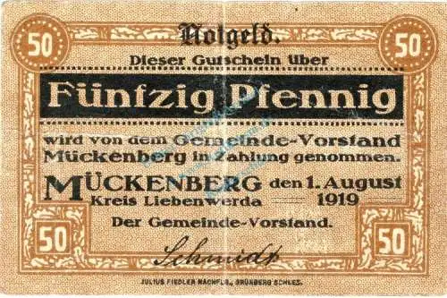 Mückenberg , Notgeld 50 Pfennig Schein in gbr. Ti.4640.05.02 , Brandenburg 1919 Verkehrsausgabe