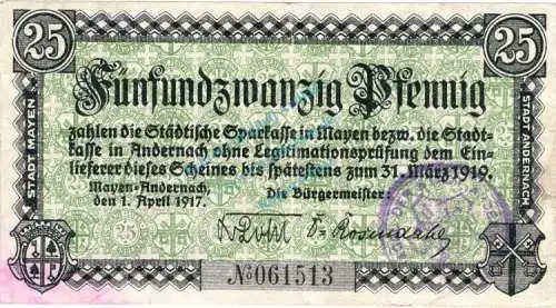 Mayen , Notgeld 25 Pfennig Schein in gbr. Ti.4445.05.01 , Rheinland 1917 Verkehrsausgabe