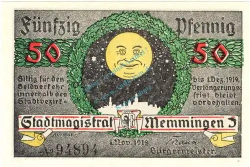 Memmingen , Notgeld 50 Pfennig Schein unc-kfr. Ti. 4495.05.10 , Bayern 1918 Verkehrsausgabe