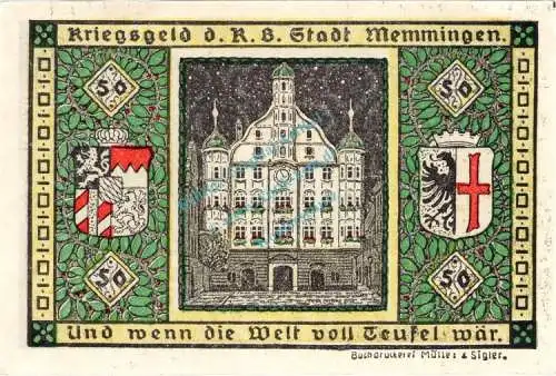 Memmingen , Notgeld 50 Pfennig Schein unc-kfr. Ti. 4495.05.10 , Bayern 1918 Verkehrsausgabe