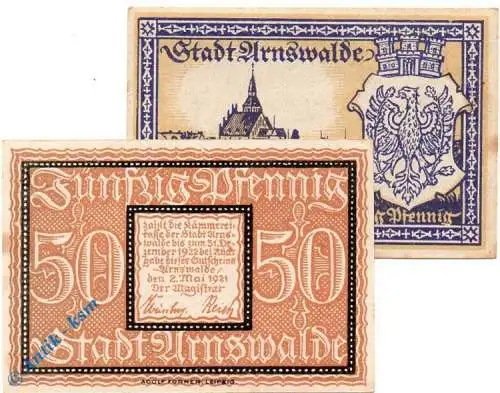 Notgeld Arnswalde , Set mit 2 Scheinen , Tieste 0205.05.35 und 36 , von 1921 , Brandenburg Verkehrsausgabe