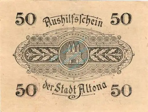 Altona , Notgeld 50 Pfennig Schein unc-kfr. Ti.0080.70.01 , Schleswig Holstein 1918 Verkehrsausgabe