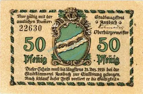 Ansbach , Notgeld 50 Pfennig Schein unc-kfr. Ti.0160.15.15 , Bayern 1918 Verkehrsausgabe