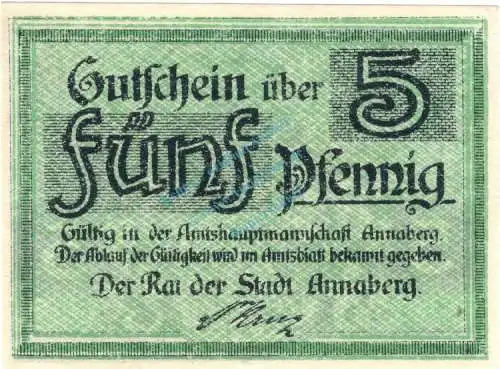 Annaberg , Notgeld 5 Pfennig Schein unc-kfr. Ti.0145.15.15 , Sachsen o.D. Verkehrsausgabe