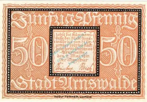 Arnswalde , Notgeld 50 Pfennig Schein unc-kfr. Ti.0205.05.36 , Brandenburg 1921 Verkehrsausgabe