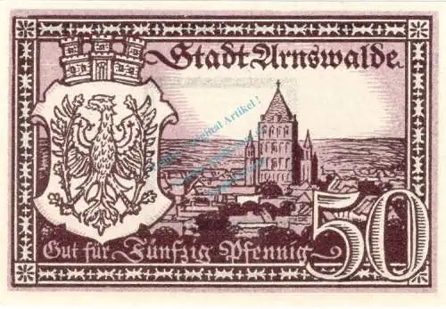 Arnswalde , Notgeld 50 Pfennig Schein unc-kfr. Ti.0205.05.36 , Brandenburg 1921 Verkehrsausgabe