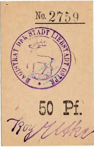 Liebstadt , Notgeld 50 Pfennig Schein in unc-kfr. Dießner 202.1.c , Ostpreussen o.D. Notgeld 1914-15