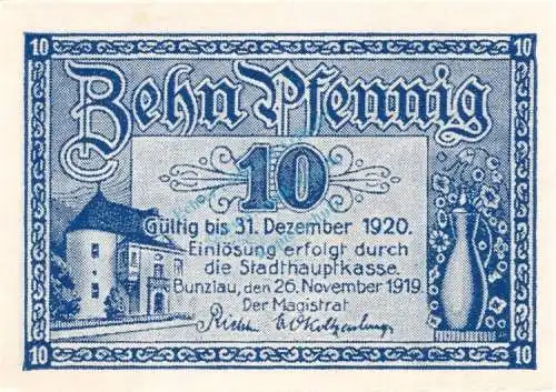 Bunzlau , Notgeld 10 Pfennig Schein unc-kfr. Ti.1025.05.21 , Schlesien 1919 Verkehrsausgabe