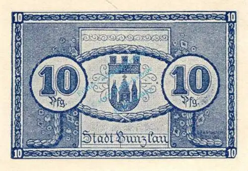 Bunzlau , Notgeld 10 Pfennig Schein unc-kfr. Ti.1025.05.21 , Schlesien 1919 Verkehrsausgabe