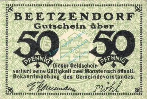 Vorlage NG  - kfr Beetzendorf , Notgeld 50 Pfennig Schein unc-kfr. Ti.0380.05.03 , Sachsen Anhalt o.D. Verkehrsausgabe