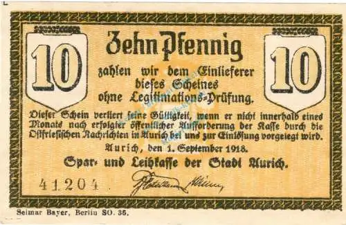 Aurich , Notgeld 10 Pfennig -Antiqua- unc-kfr. Ti.0270.10.16 , Niedersachsen 1918 Verkehrsausgabe