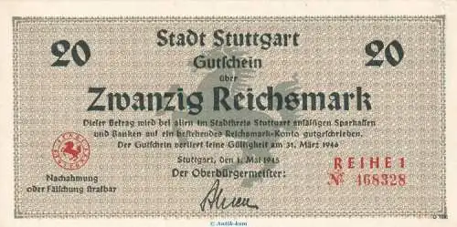 Notgeld Stadt Stuttgart , 20 Reichsmark Schein in kfr. von 1945 , Württemberg Notgeld 1945-48