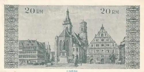 Notgeld Stadt Stuttgart , 20 Reichsmark Schein in kfr. von 1945 , Württemberg Notgeld 1945-48