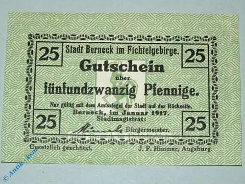 Notgeld Berneck , 25 Pfennig Schein , Tieste 0540.05.31 , von 1917 , Bayern Verkehrsausgabe