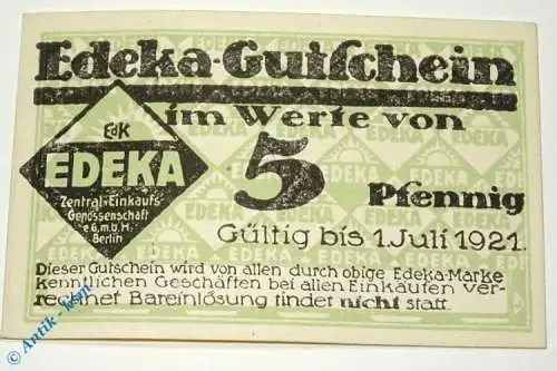 Notgeld Berlin , Edeka , 5 Pfennig Schein 7.1921 , Tieste 0460.075.01 , Brandenburg Verkehrsausgabe