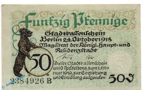 Notgeld Berlin , 50 Pfennig Schein in kfr. B , Tieste 0460.245.01 , von 1918 , Brandenburg Verkehrsausgabe