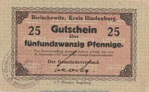 Notgeld Gemeinde Bielschowitz 0625.05.05 , 25 Pfennig Schein in kfr. o.D. Oberschlesien Verkehrsausgabe