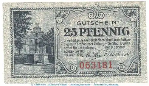 Notgeld Stadt Borken , 25 Pfennig Schein in kfr. Tieste 0840.05.05 von 1920 , Westfalen Verkehrsausgabe