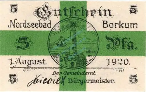 Borkum , Notgeld 5 Pfennig Schein unc-kfr. Ti.0845.05.15 , Niedersachsen 1920 Verkehrsausgabe