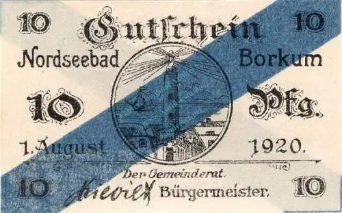 Borkum , Notgeld 10 Pfennig Schein unc-kfr. Ti.0845.05.16 , Niedersachsen 1920 Verkehrsausgabe