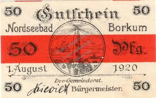 Borkum , Notgeld 50 Pfennig Schein unc-kfr. Ti.0845.05.17 , Niedersachsen 1920 Verkehrsausgabe