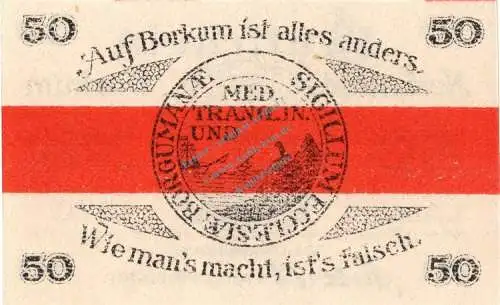 Borkum , Notgeld 50 Pfennig Schein unc-kfr. Ti.0845.05.17 , Niedersachsen 1920 Verkehrsausgabe