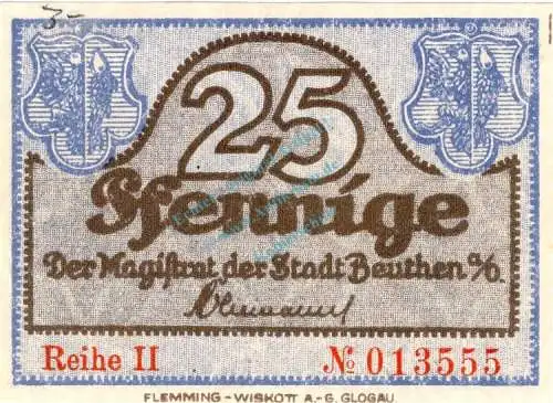 Beuthen , Notgeld 25 Pfennig Schein unc-kfr. Ti.0570.10.06 , Schlesien o.D. Verkehrsausgabe