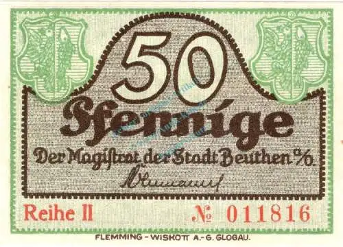 Beuthen , Notgeld 50 Pfennig Schein unc-kfr. Ti.0570.10.07 , Schlesien o.D. Verkehrsausgabe