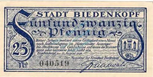 Biedenkopf , Notgeld 25 Pfennig Schein unc-kfr. Ti.0610.05.05 , Hessen 1920 Verkehrsausgabe