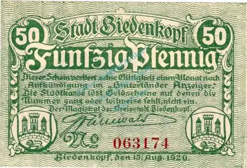 Biedenkopf , Notgeld 50 Pfennig Schein unc-kfr. Ti.0610.05.06 , Hessen 1920 Verkehrsausgabe