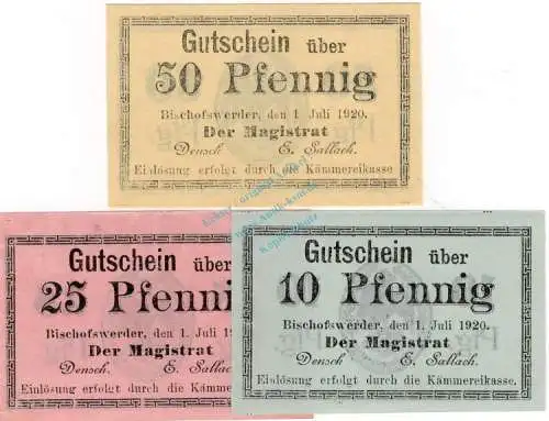 Bischofswerder , Notgeld Set mit 3 Scheinen unc-kfr. Ti.0685.05.50-52 , Westpreussen 1920 Verkehrsausgabe