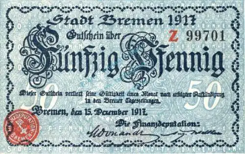 Bremen , Notgeld 50 Pfennig Schein unc-kfr. Ti.0895.055.15 , Bremen 1917 Verkehrsausgabe