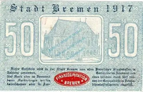 Bremen , Notgeld 50 Pfennig Schein unc-kfr. Ti.0895.055.15 , Bremen 1917 Verkehrsausgabe