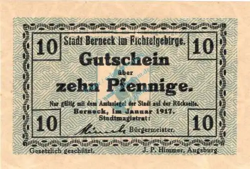 Berneck , Notgeld 10 Pfennig Schein unc-kfr. Ti.0540.05.45 , Bayern 1917 Verkehrsausgabe