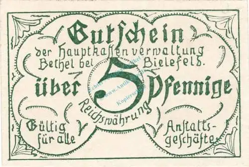 Bethel , Notgeld 5 Pfennig -o.Kn.- unc-kfr. Ti.0565.05.05 , Westfalen o.D. Verkehrsausgabe