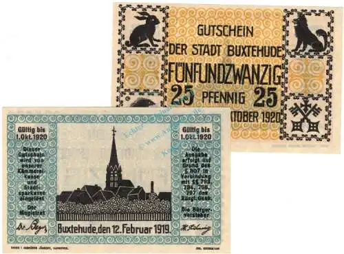 Buxtehude , Notgeld Set mit 2 Scheinen unc-kfr. Ti.1055.05.05-06 , Niedersachsen 1919 Verkehrsausgabe