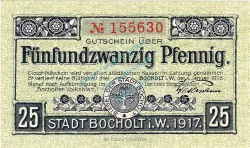 Vorlage NG  - kfr -Bocholt , Notgeld 25 Pfennig Schein unc-kfr. Ti.0785.05.01 , Westfalen 1918 Verkehrsausgabe