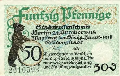 Berlin , Notgeld 50 Pfennig -o.Bst.- unc-kfr. Ti.0460.245.01 , Brandenburg 1918 Verkehrsausgabe