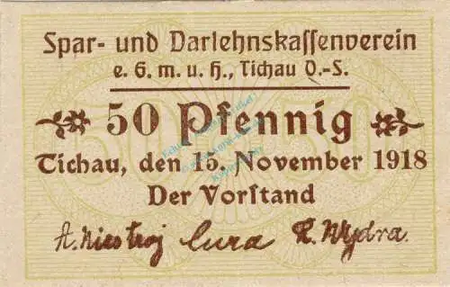 Tichau , Notgeld 50 Pfennig Schein unc-kfr. Ti.7350.05.31 Schlesien 1918 Verkehrsausgabe