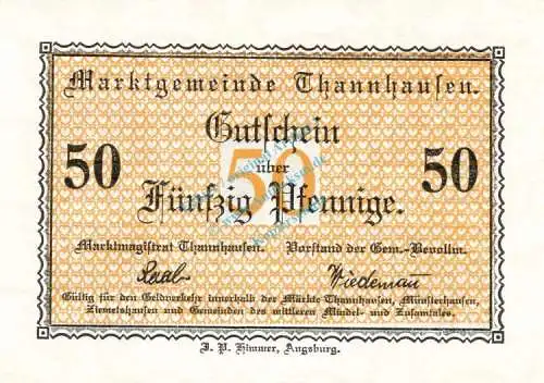 Thannhausen , Notgeld 50 Pfennig Schein unc-kfr. Ti.7335.05.12 Bayern o.D. Verkehrsausgabe