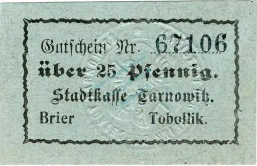 Tarnowitz , Notgeld 50 Pfennig Schein unc-kfr. Ti.7285.25.30 Schlesien o.D. Verkehrsausgabe