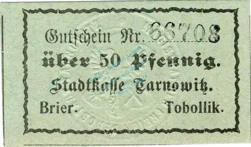 Tarnowitz , Notgeld 50 Pfennig Schein unc-kfr. Ti.7285.25.45 Schlesien o.D. Verkehrsausgabe